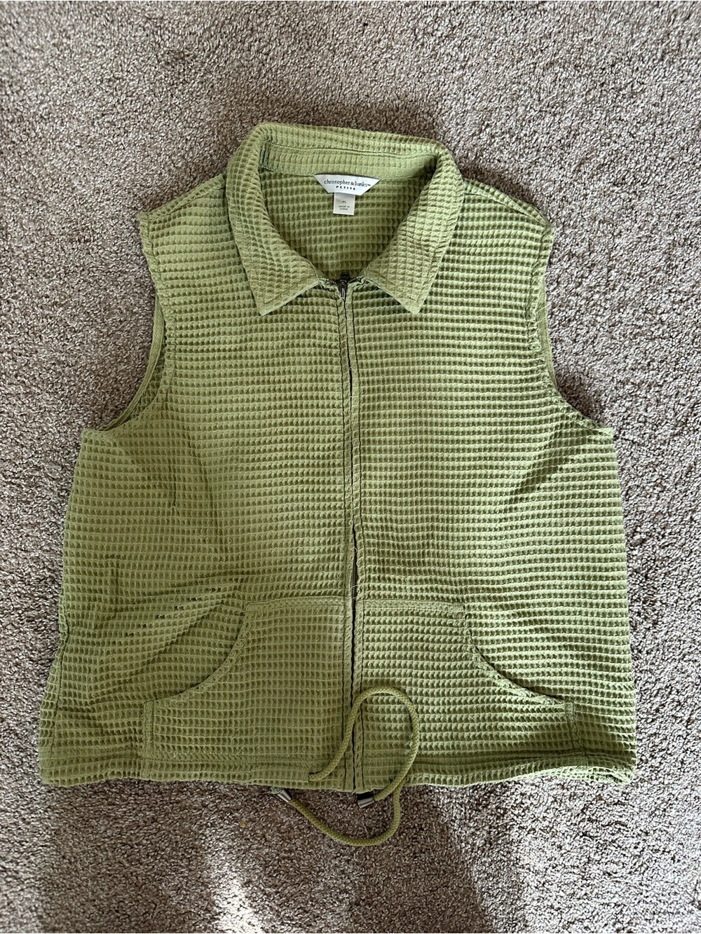 Christopher & Banks Olive Green Sleeveless Waffle-Knit Zip Vest